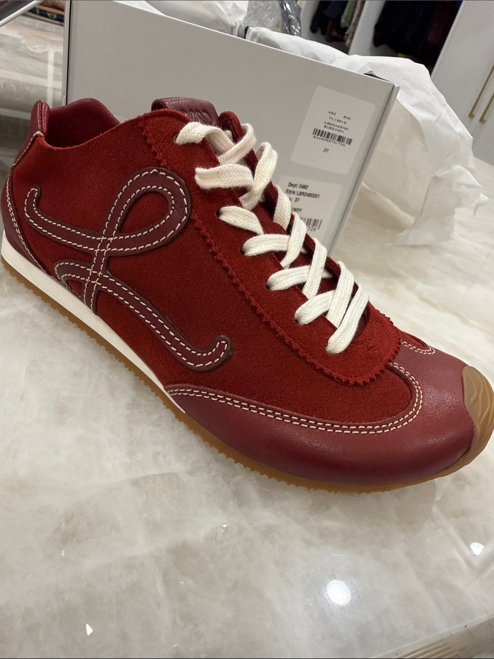 New Loewe Ballet Runner 2.0 Leather Low-Top Sneakers - Burgundy Red and White - Picture 2 of 9